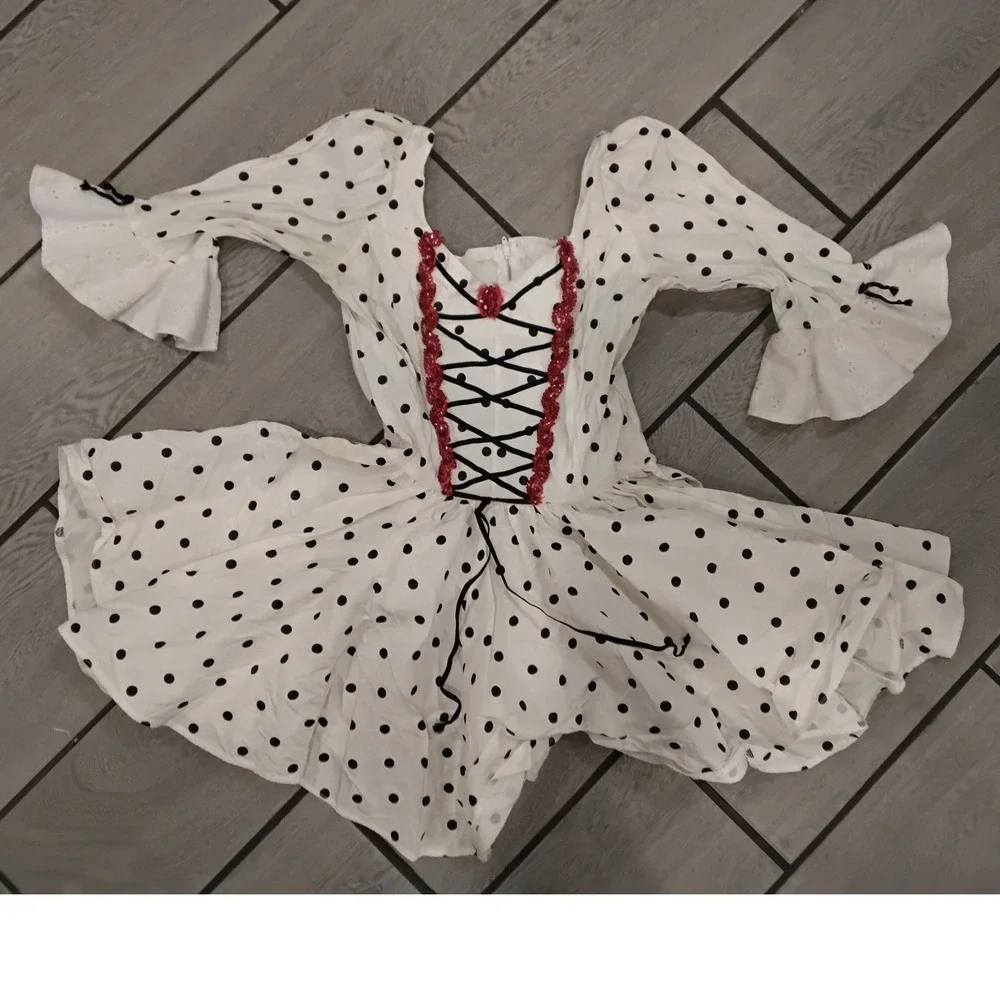 Kids White Black Polka Dot Costume Dress Red Sequin Trim Lace Up Bodice